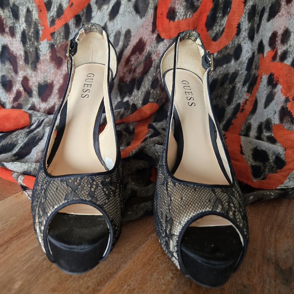 GUESS Black Lace Peep-Toe Heels